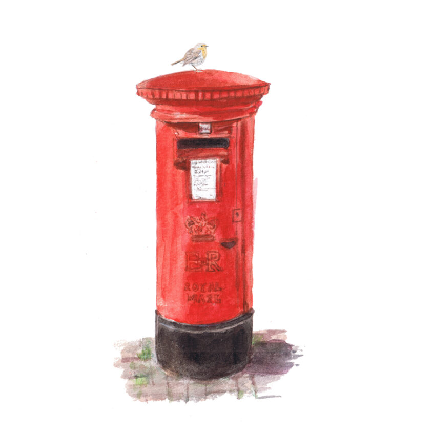 Red British post box with Robin